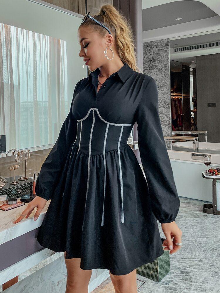 Contrast Seam Shirt Dress freeshipping - Kendiee