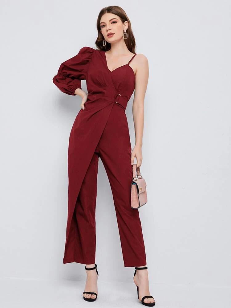 Asymmetrical Neck Gathered Sleeve Jumpsuit