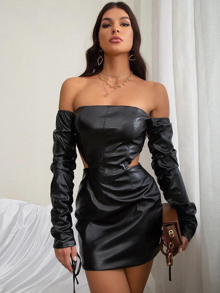 Off Shoulder Cut Out PU Leather Dress