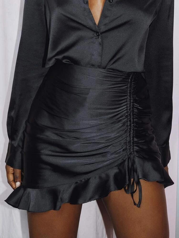 Ruched Drawstring Front Asymmetrical Ruffle Hem Satin Skirt freeshipping - Kendiee