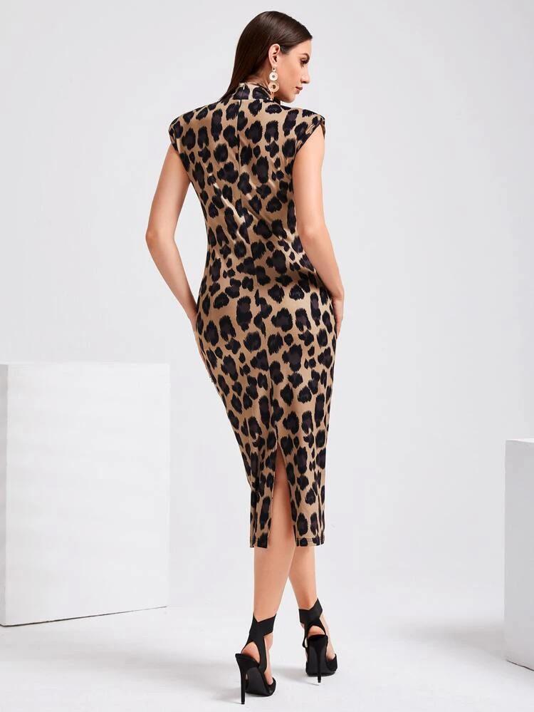 Leopard Print Shoulder Pad Split Back Bodycon Dress Without Belt