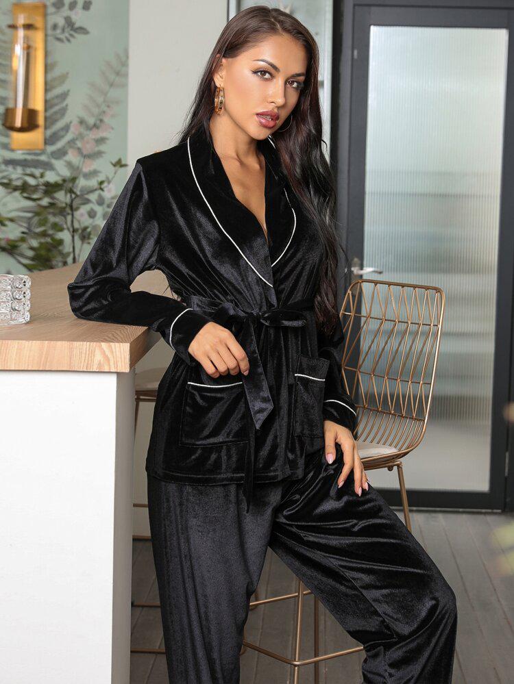 Contrast Binding Velvet Belted PJ Set freeshipping - Kendiee