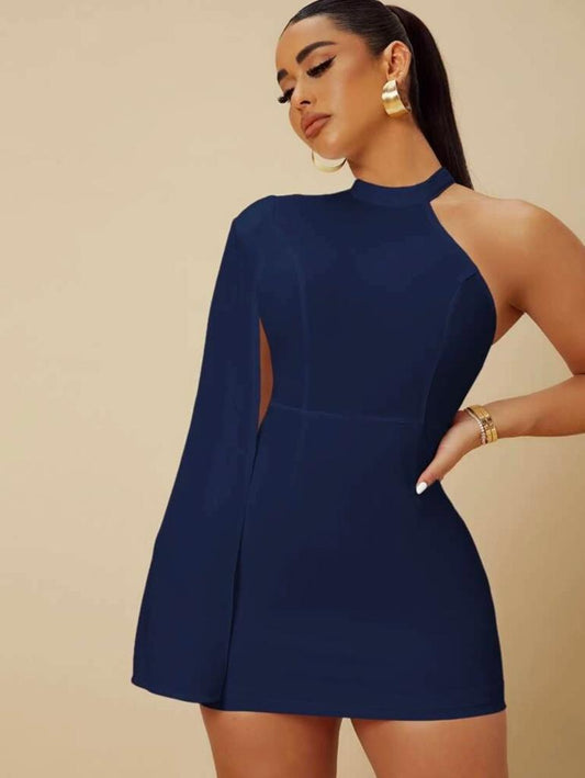 Asymmetrical Neck Slit Sleeve Bodycon Dress