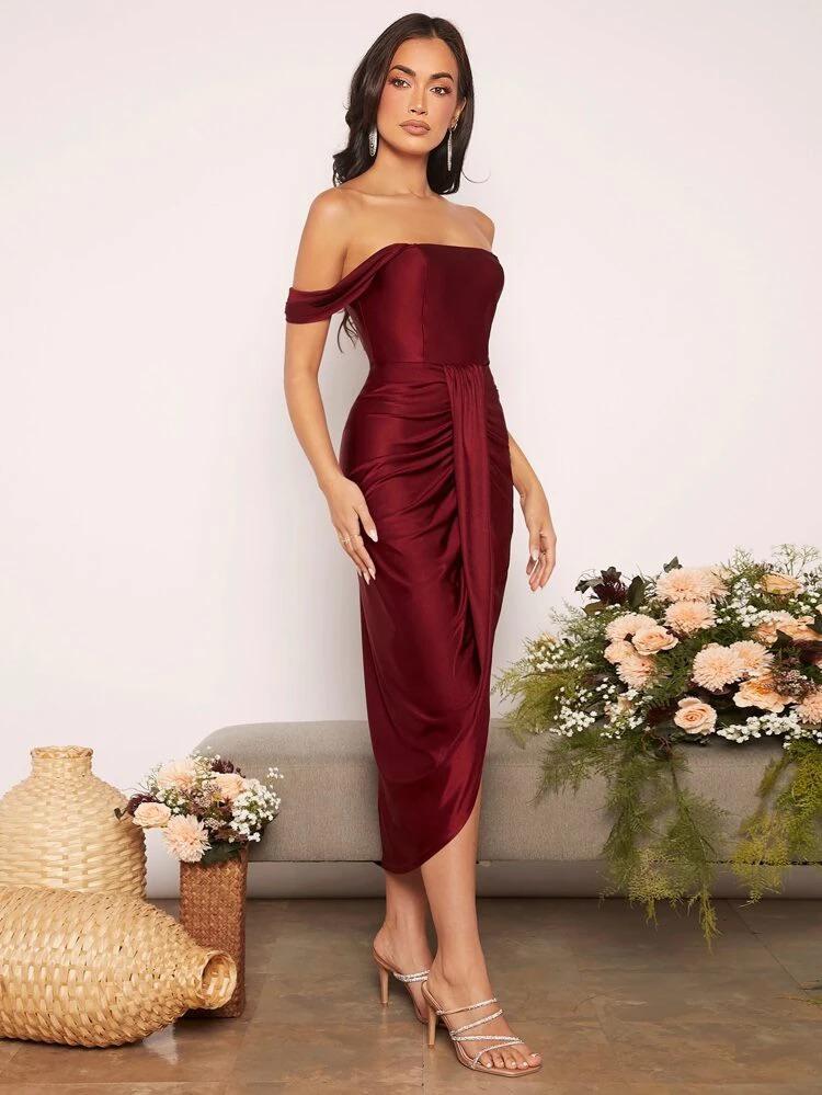 Off Shoulder Ruched Wrap Bridesmaid Dress