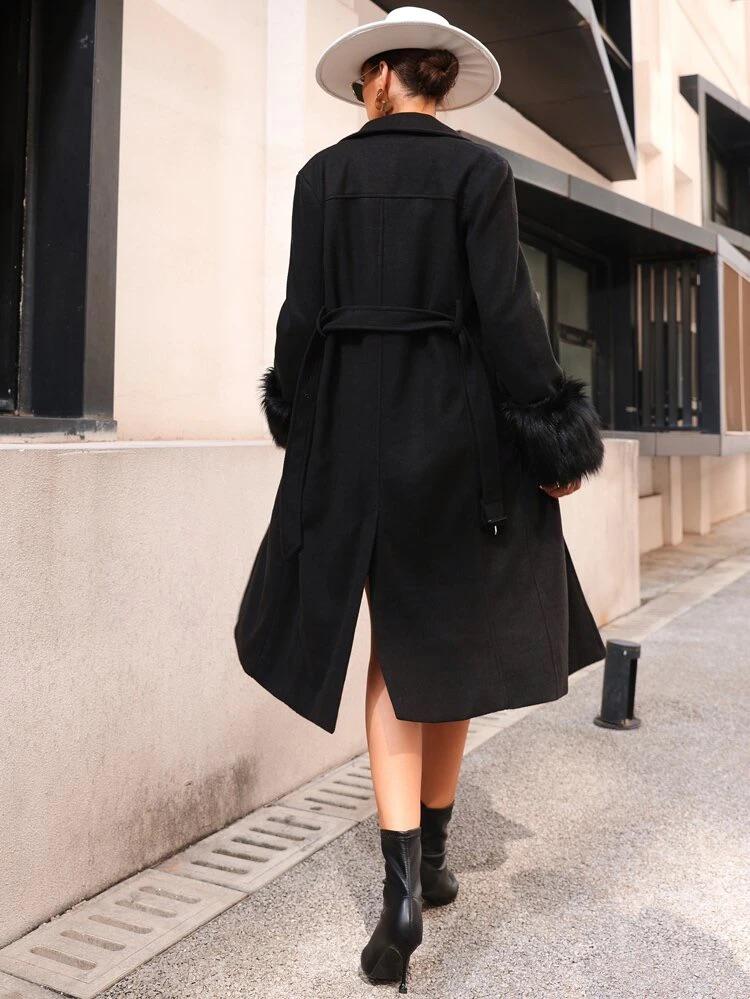 Fuzzy Cuff Split Back Belted Overcoat