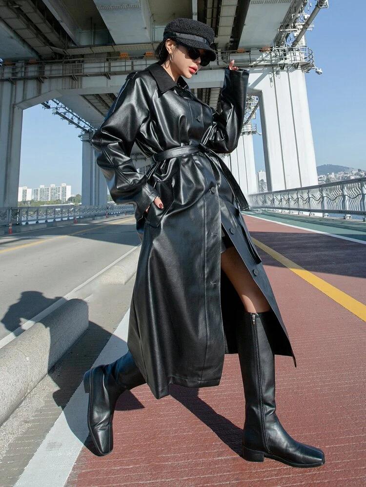 Raglan Sleeve Belted PU Leather Coat freeshipping - Kendiee