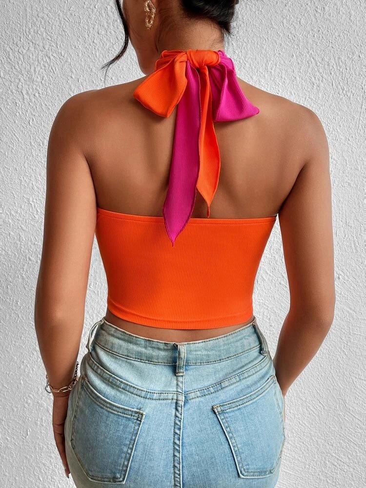 Colorblock Twist Front Cut Out Crop Halter Top