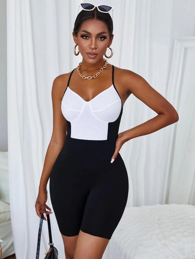 Two Tone Backless Skinny Romper freeshipping - Kendiee