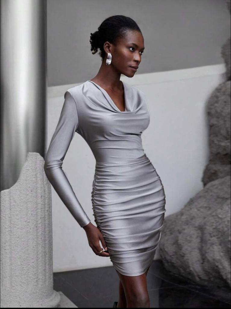 Draped Collar Ruched Bodycon Dress