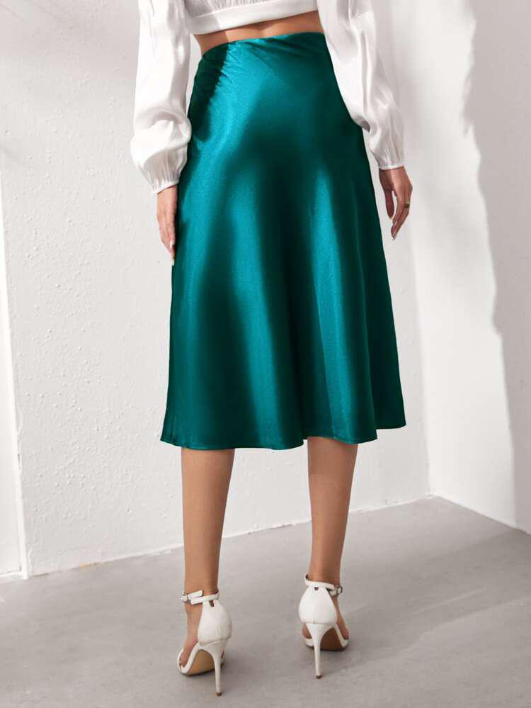 Solid Satin Midi Skirt freeshipping - Kendiee