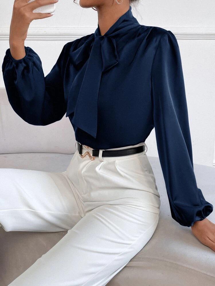 Satin Tie Neck Bishop Sleeve Blouse