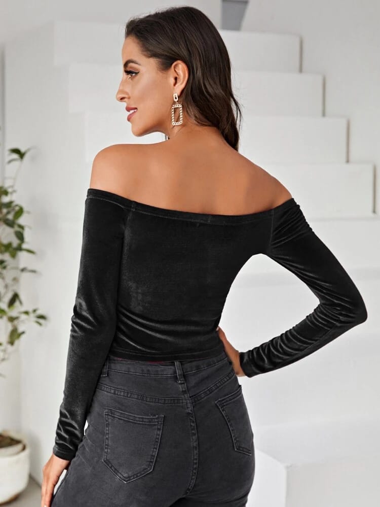 Off The Shoulder Crop Velvet Tee freeshipping - Kendiee