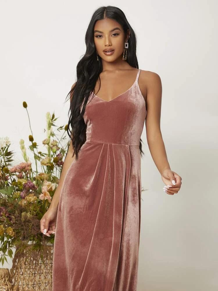 Wrap Hem Maxi Velvet Prom Dress freeshipping - Kendiee