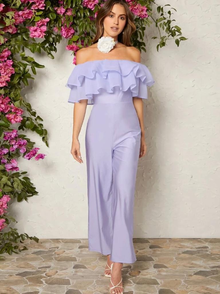 Off Shoulder Ruffle Trim Wide Leg Jumpsuit