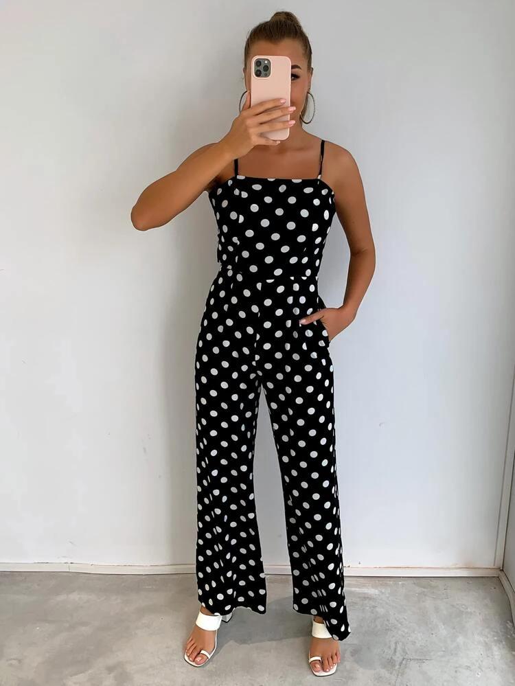 Polka Dot Print Tie Back Cami Jumpsuit freeshipping - Kendiee