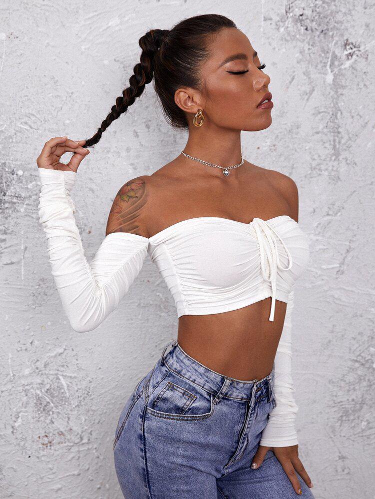 Ruched Drawstring Off-The Shoulder Crop Top freeshipping - Kendiee