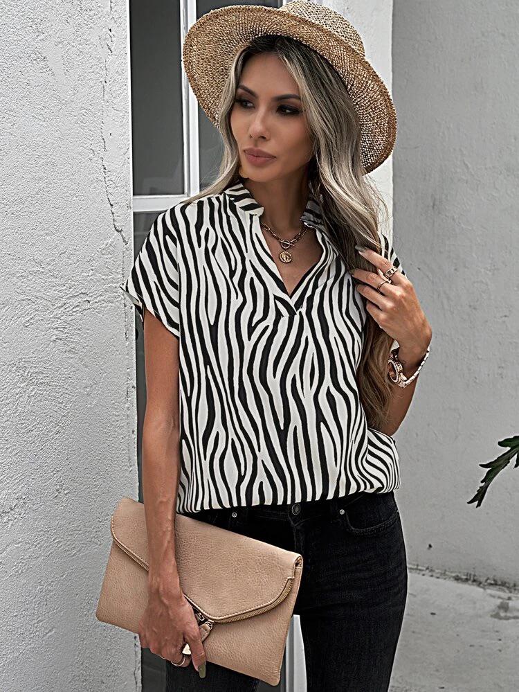 Zebra Stripe Print Notch Neck Blouse