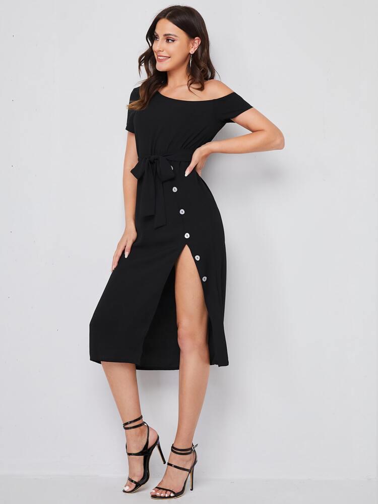 Asymmetrical Neck Belted Split Thigh Dress freeshipping - Kendiee