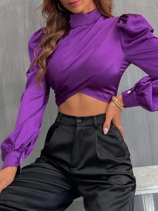 Solid Puff Sleeve Crop Blouse