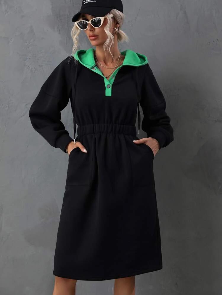 Colorblock Elastic Waist Slant Pocket Drawstring Hoodie Dress