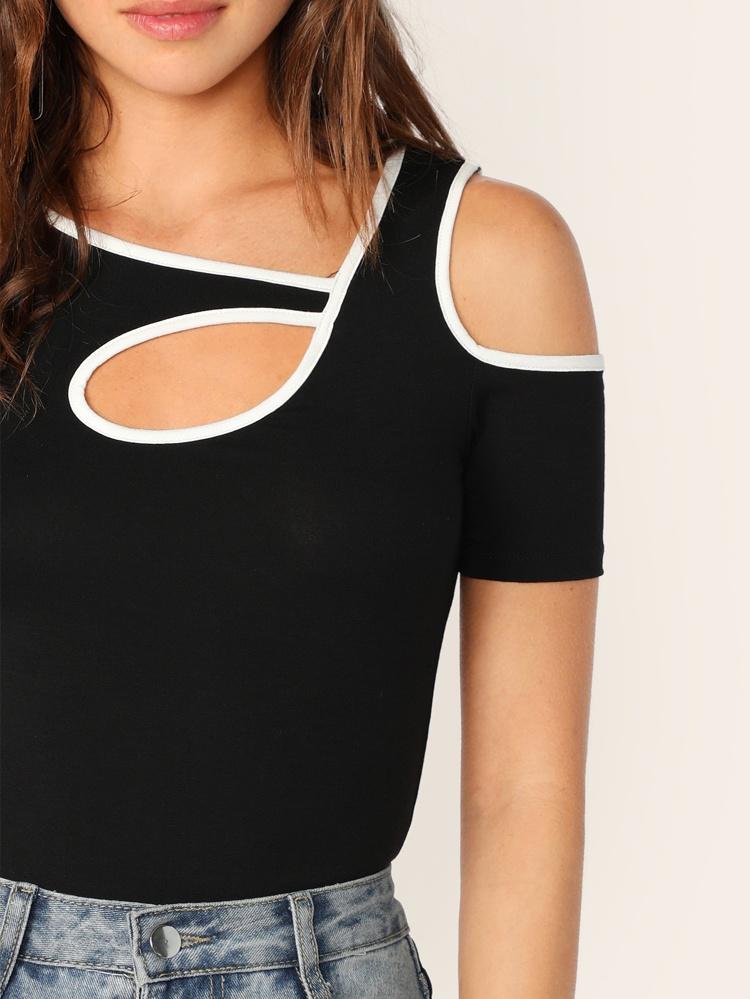 Contrast Binding Cutout Tee freeshipping - Kendiee