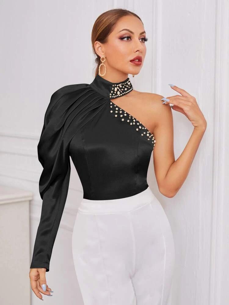 Satin Leg-Of-Mutton Sleeve Pearls Blouse