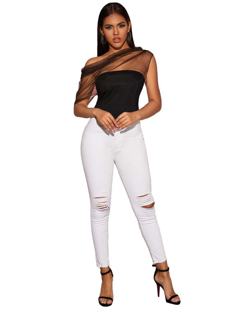 Asymmetrical Neck Sheer Mesh Ruched Top freeshipping - Kendiee