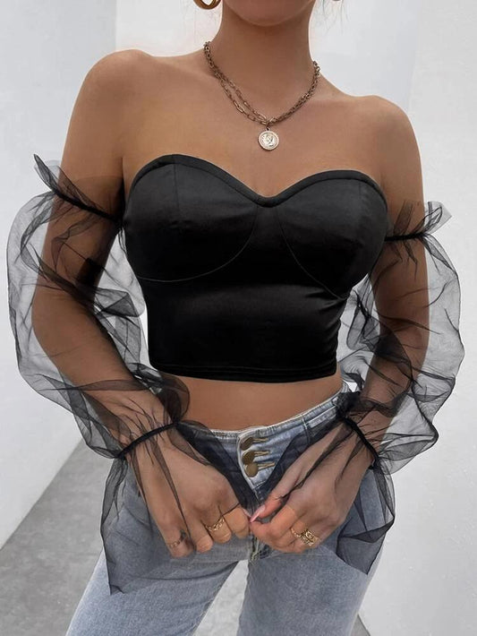 Contrast Mesh Flounce Sleeve Off Shoulder Crop Satin Top freeshipping - Kendiee