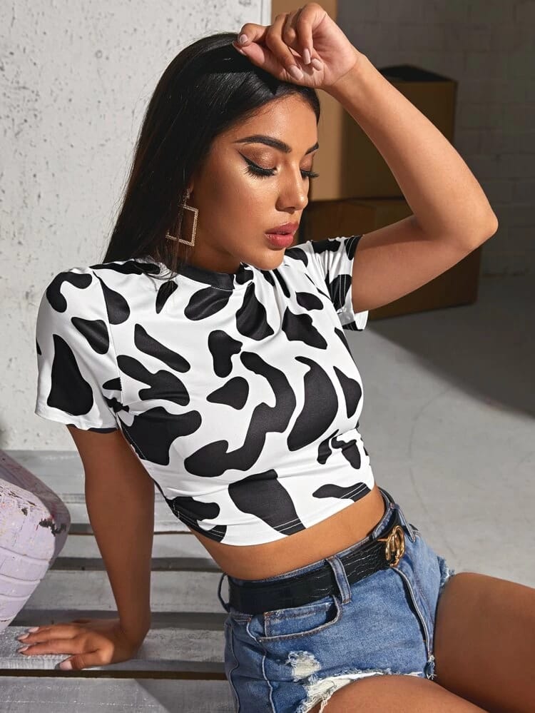 Tied Open Back Cow Print Crop Top freeshipping - Kendiee