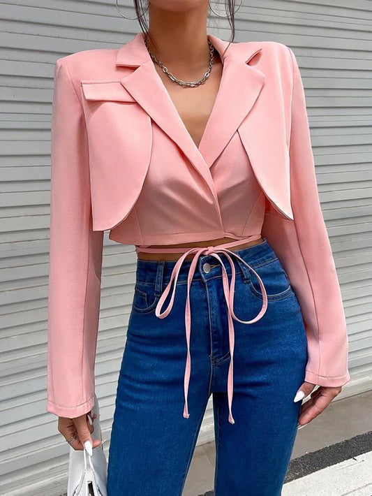 Lapel Collar Crisscross Tie Front Crop Blazer