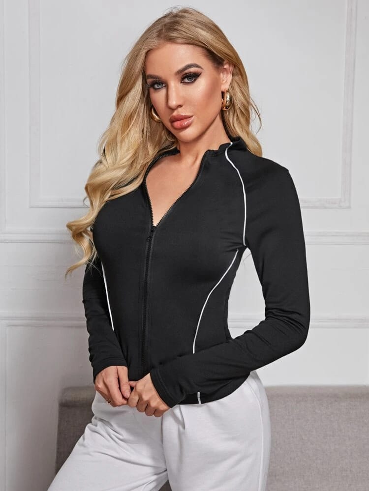 Zip Up Contrast Piping Top freeshipping - Kendiee