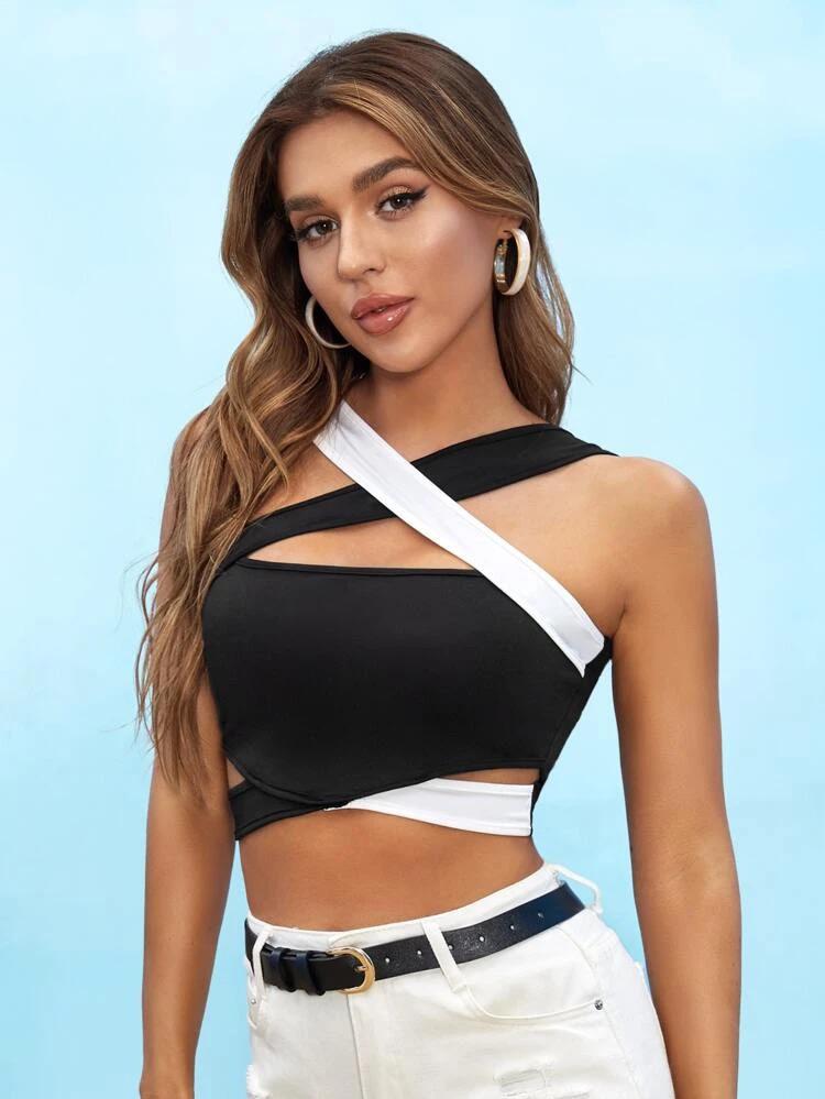 Color Block Cut Out Crisscross Wide Strap Top