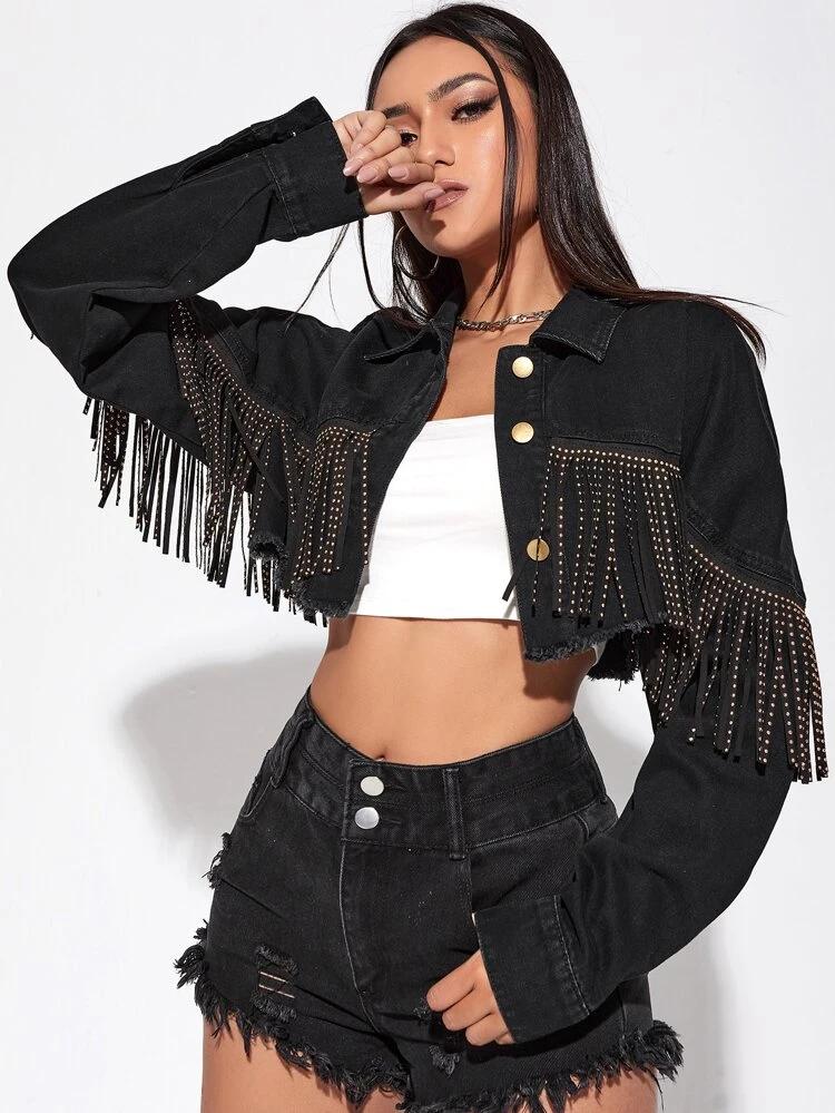 Solid Fringe Button Front Crop Denim Jacket freeshipping - Kendiee