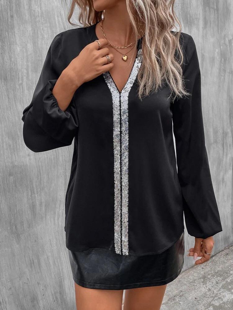 Contrast Sequin Lantern Sleeve Blouse