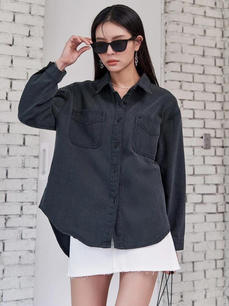 Patched Pocket Drop Shoulder Denim Top freeshipping - Kendiee