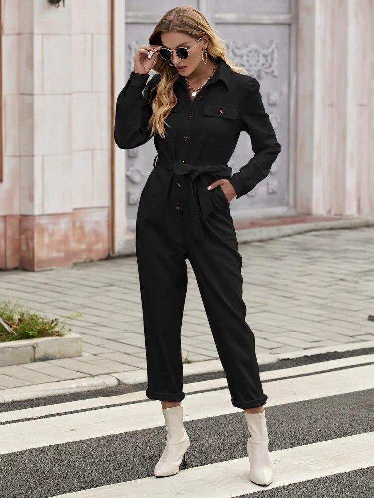 Flap Pocket Button Front Belted Jumpsuit