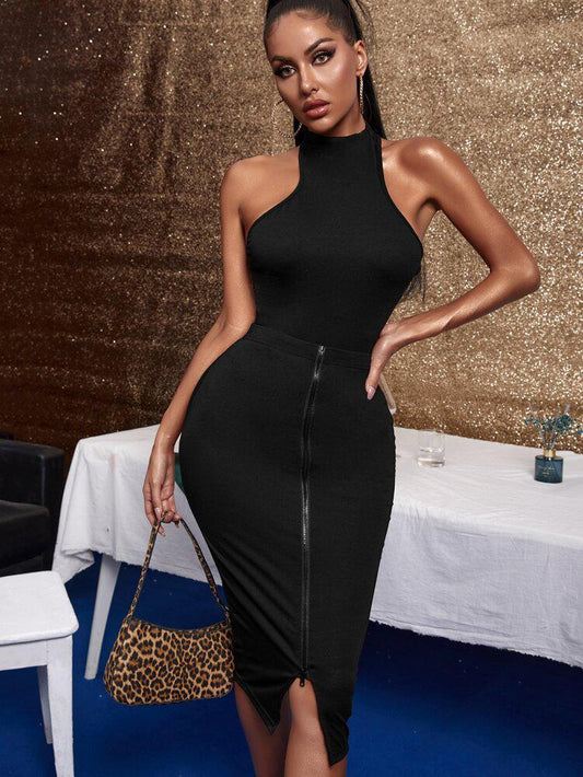 Solid Racer Back Halter Top & Zip Front Skirt freeshipping - Kendiee