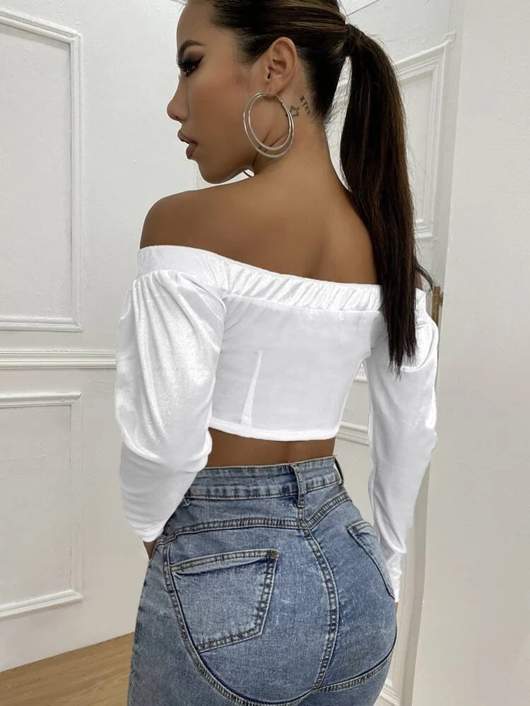 Velvet Asymmetrical Hem Off Shoulder Top freeshipping - Kendiee