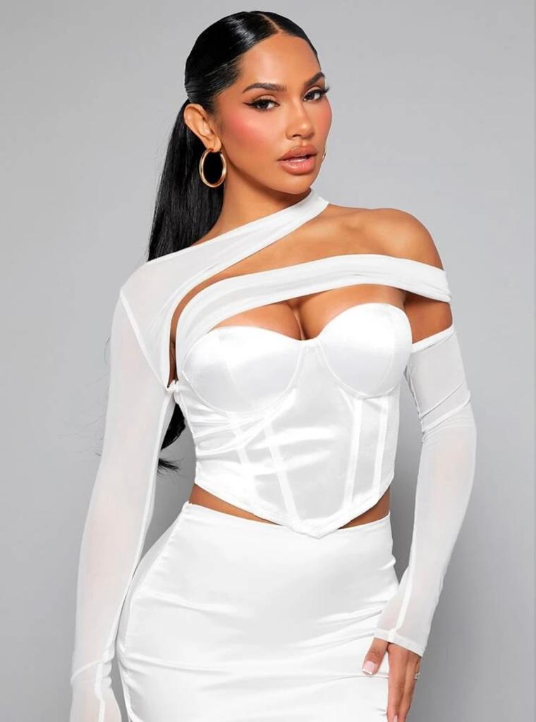 Asymmetrical Neck Cut Out Front Mesh Top