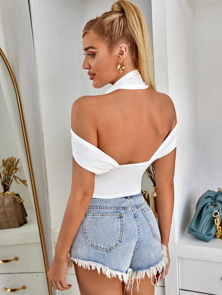 Solid Hanky Hem Cold Shoulder Halter Top freeshipping - Kendiee