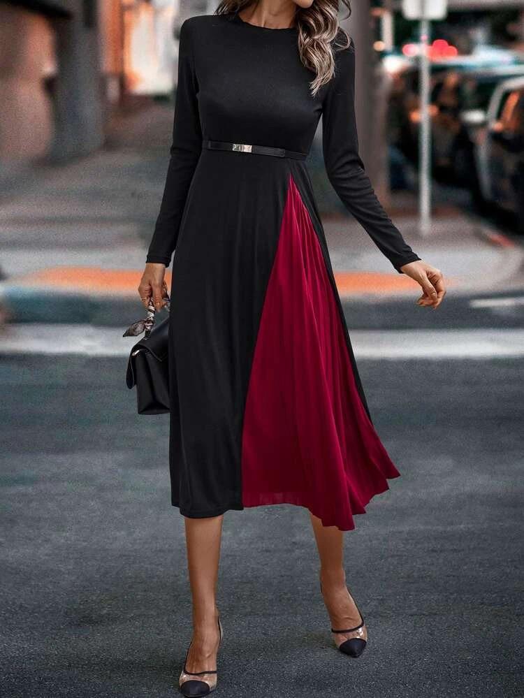 Two Tone Pleated Hem Dress Without Belt