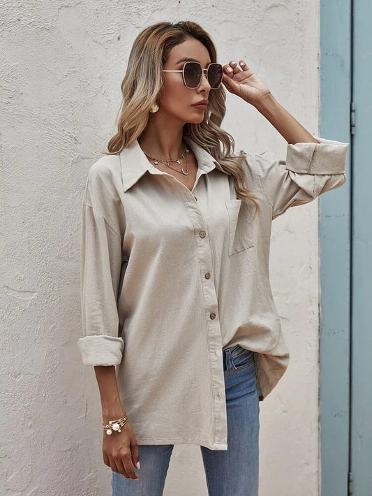 Solid Pocket Front Button Up Blouse freeshipping - Kendiee