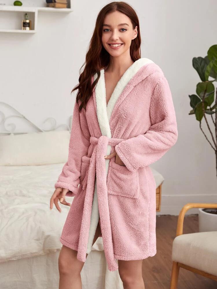 Dual Pocket Belted Hooded Flannel Robe