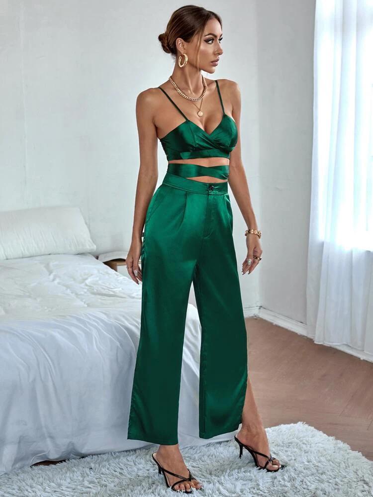 Solid Satin Criss Cross Tie Back Cami Top & Split Hem Pocket Pants