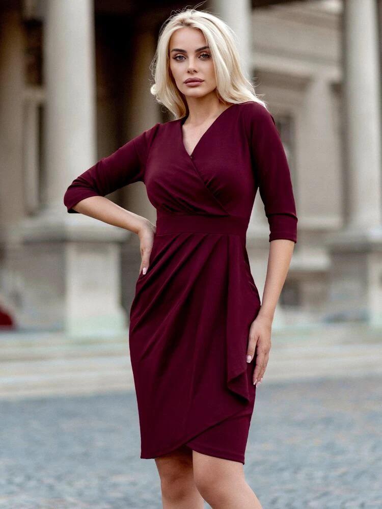 Surplice Neck Ruched Wrap Dress