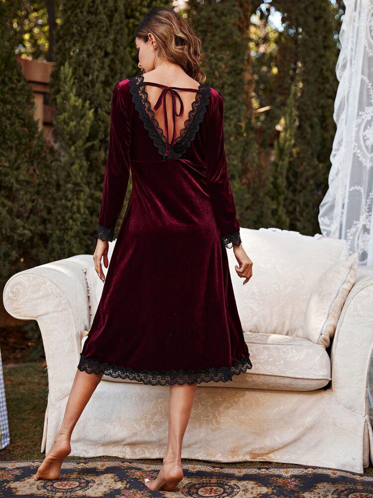 Contrast Lace Tie Back Velvet Nightdress freeshipping - Kendiee