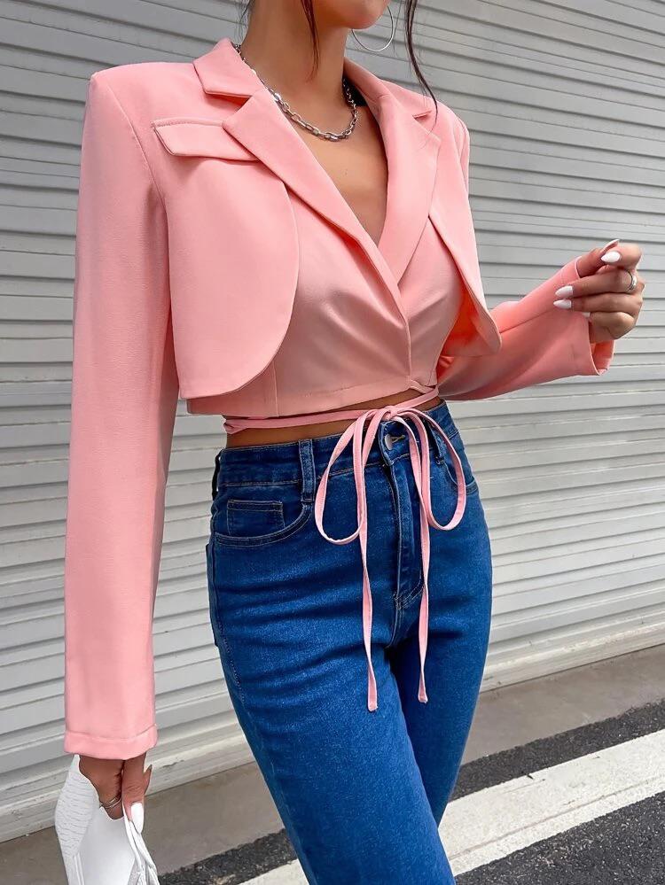 Lapel Collar Crisscross Tie Front Crop Blazer