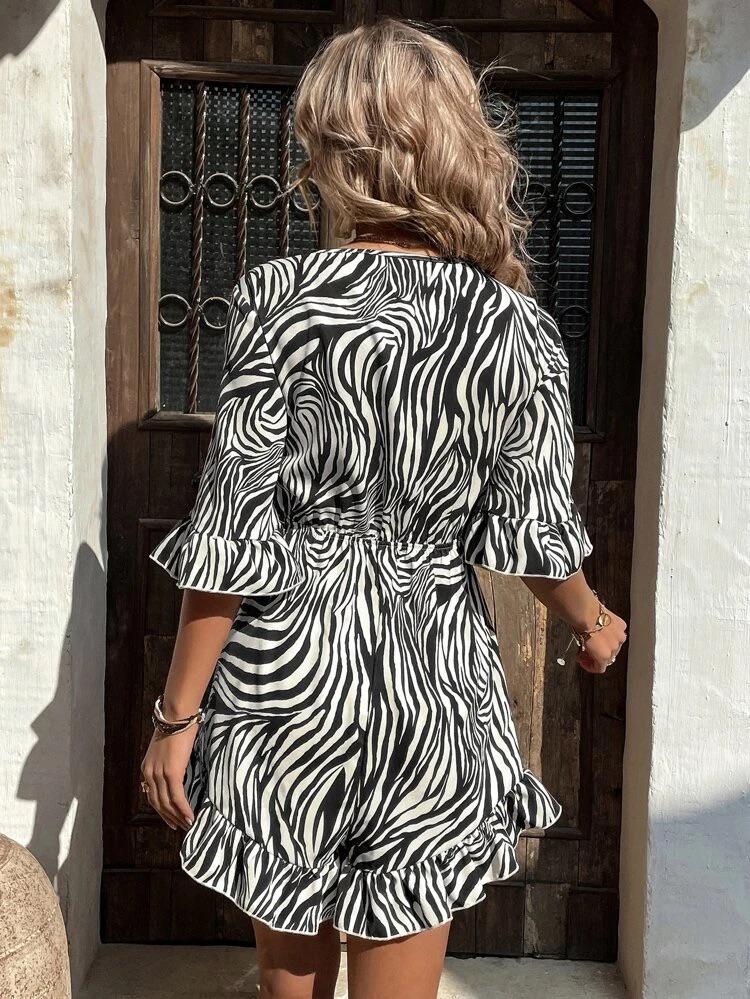 Zebra Stripe Flounce Sleeve Knot Bust Ruffle Hem Romper