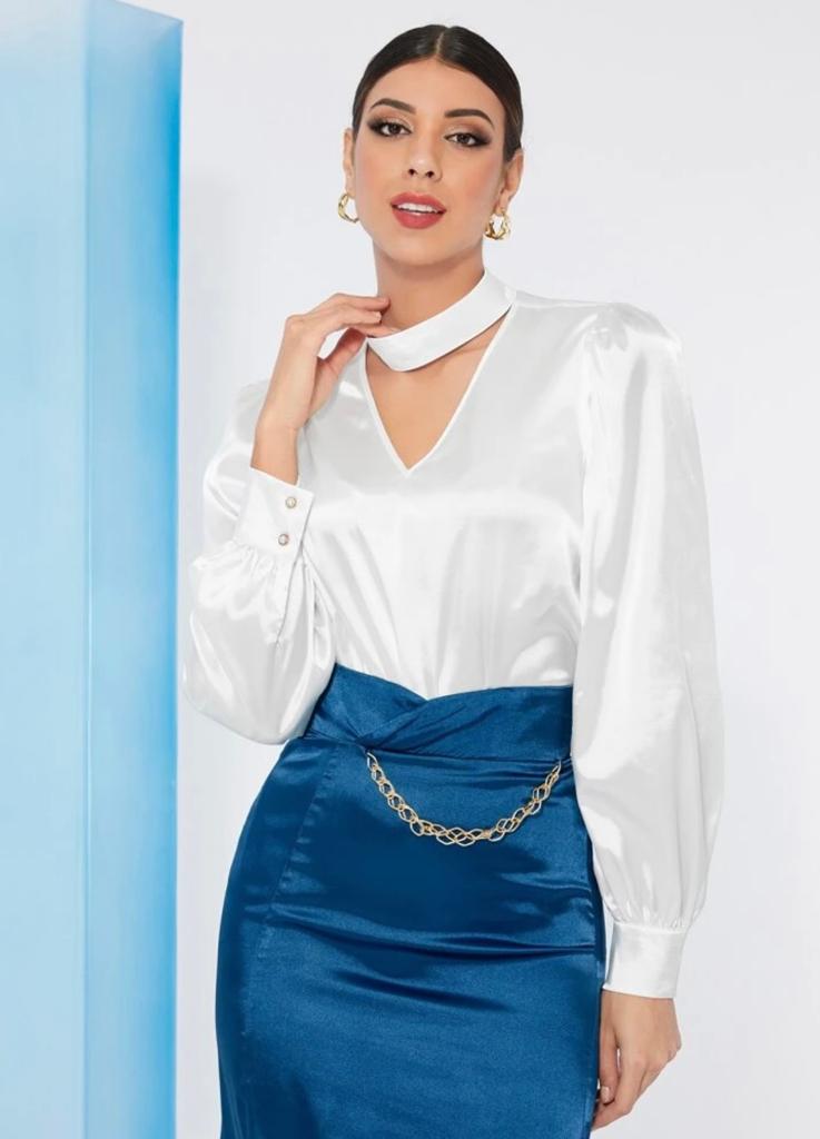 Choker Neck Bishop Sleeve Satin Blouse