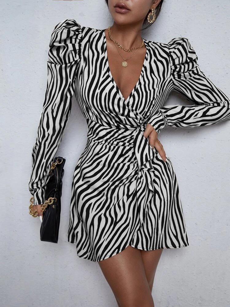 Zebra Striped Sleeve Ruffle Trim Wrap Dress